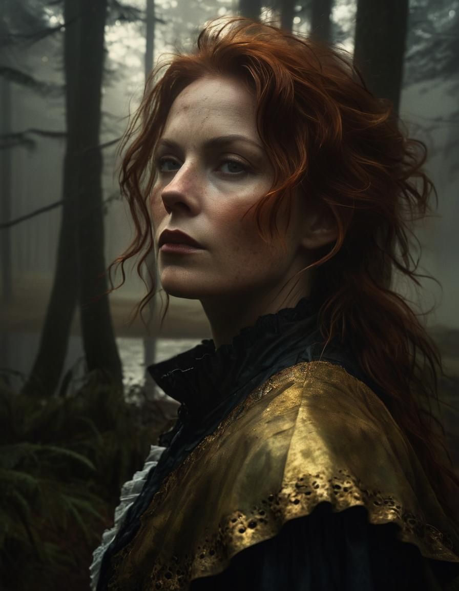 Baroque Woman in Misty Forest, Oil on Canvas