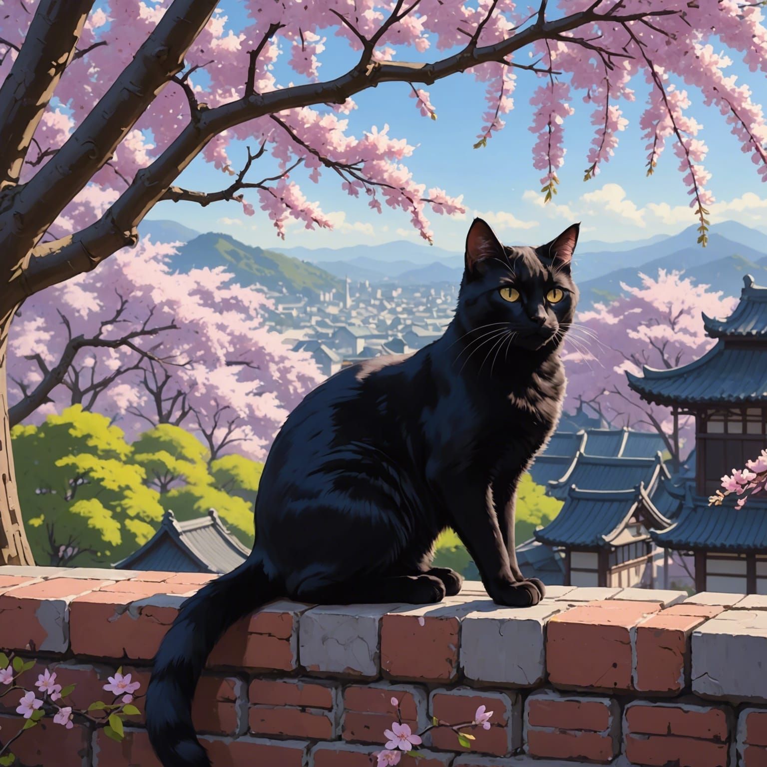 Black Cat Overlooking Cherry Blossoms in Anime Style