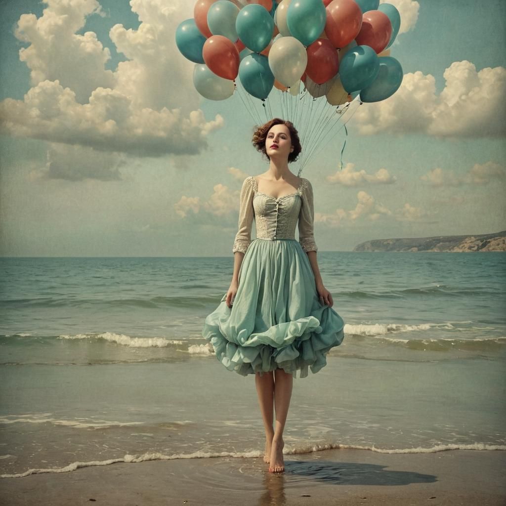 Surreal Woman Merged with Sea and Garden