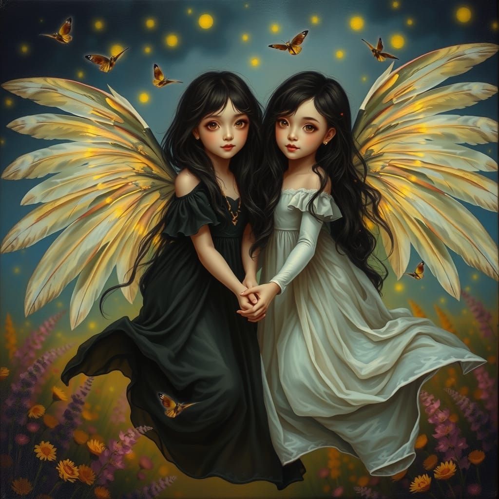 Ethereal Twin Goddesses in Dark Fantasy Oil Painting