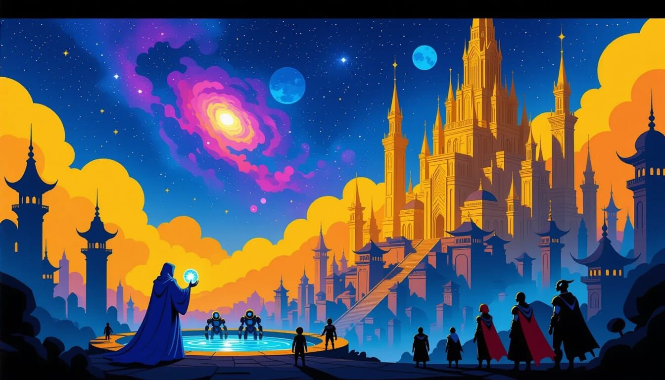 Futuristic City Under Starry Galaxy in Comic Style