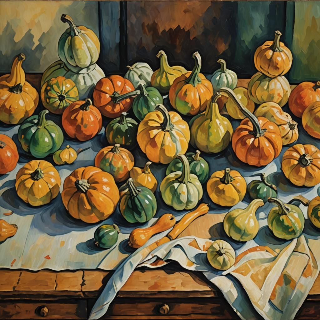 Gourds in Still Life, Cézanne-Inspired Impasto Oil Painting