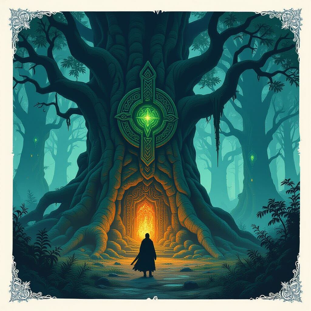 Mystical Ancient Forest with Celtic Runes in Gothic Style