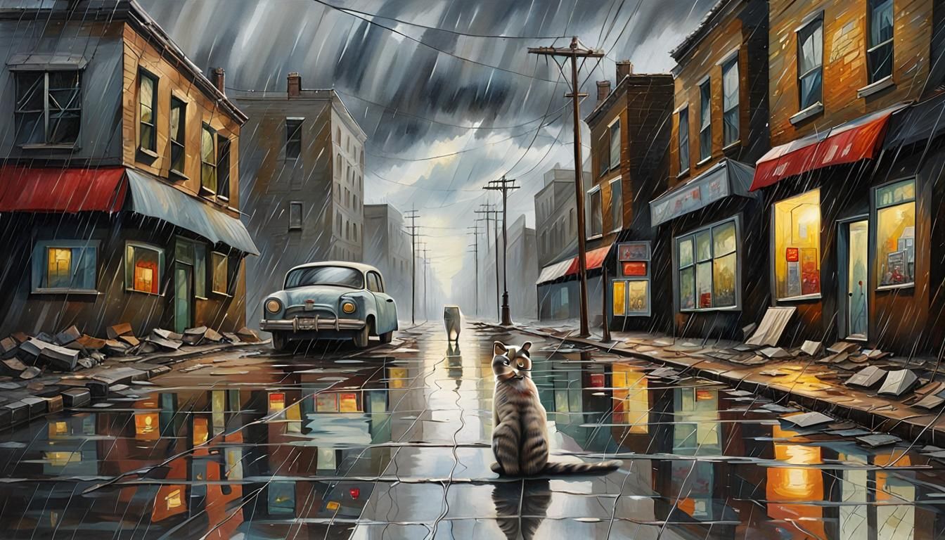 Post-Apocalyptic Cityscape with Tabby Cat, Oil Painting