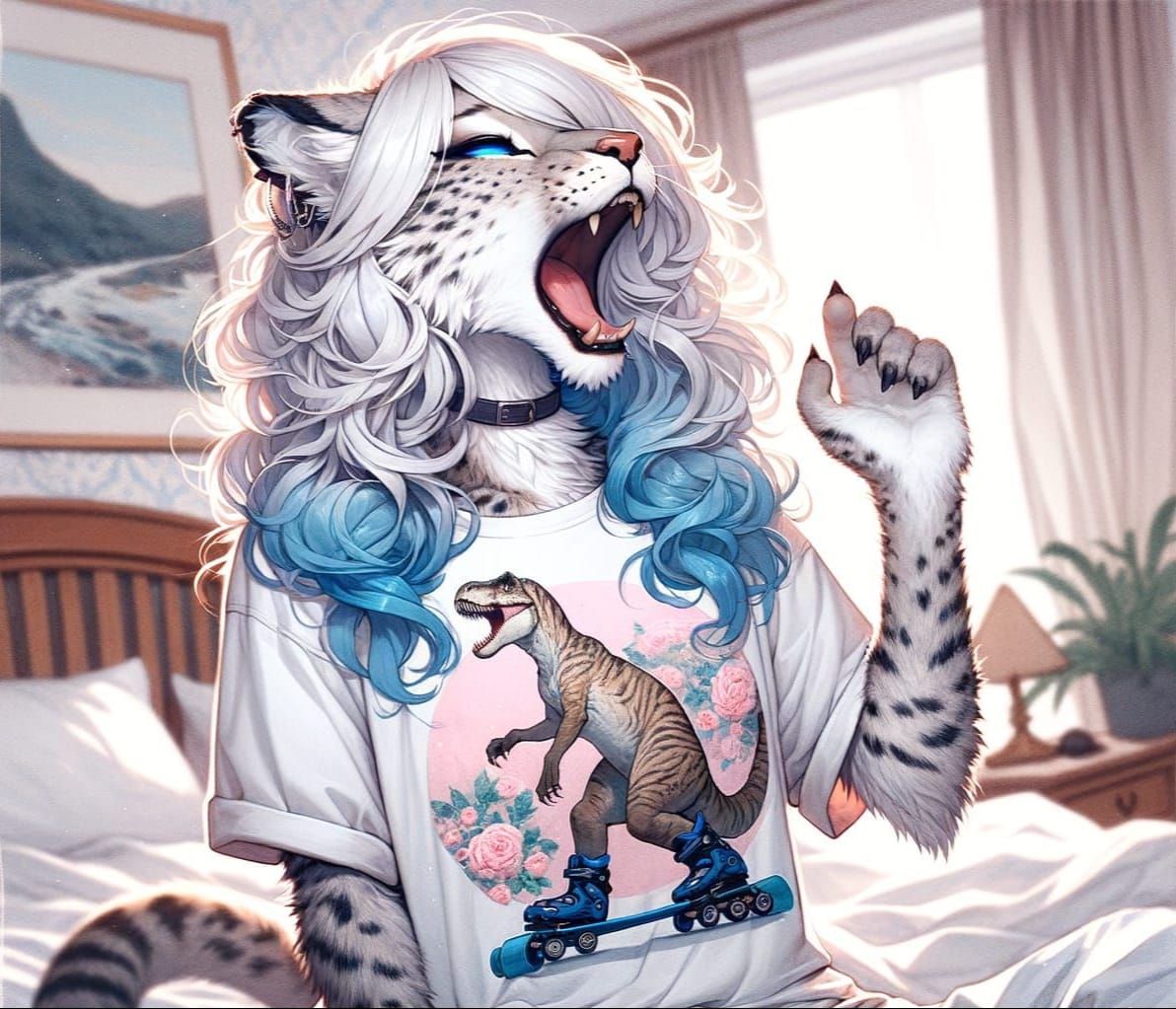 Enchanting Anime Lynx Yawns in Cozy Bedchamber