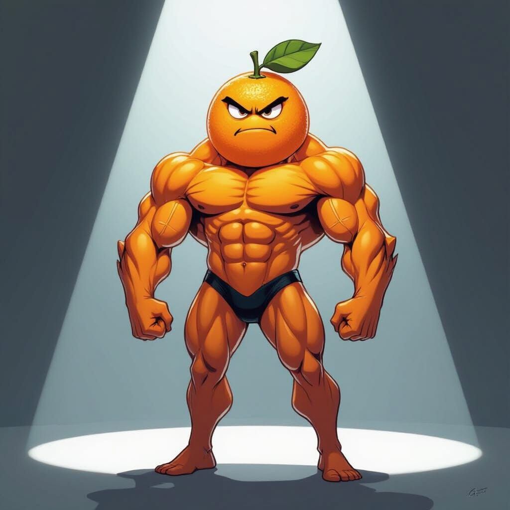 Muscular Anthropomorphic Orange with Stoic Face in Digital A...