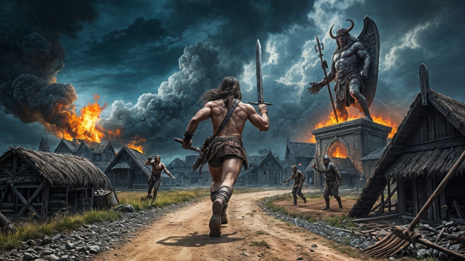 Conan Charges into Battle as Crom's Statue Burns