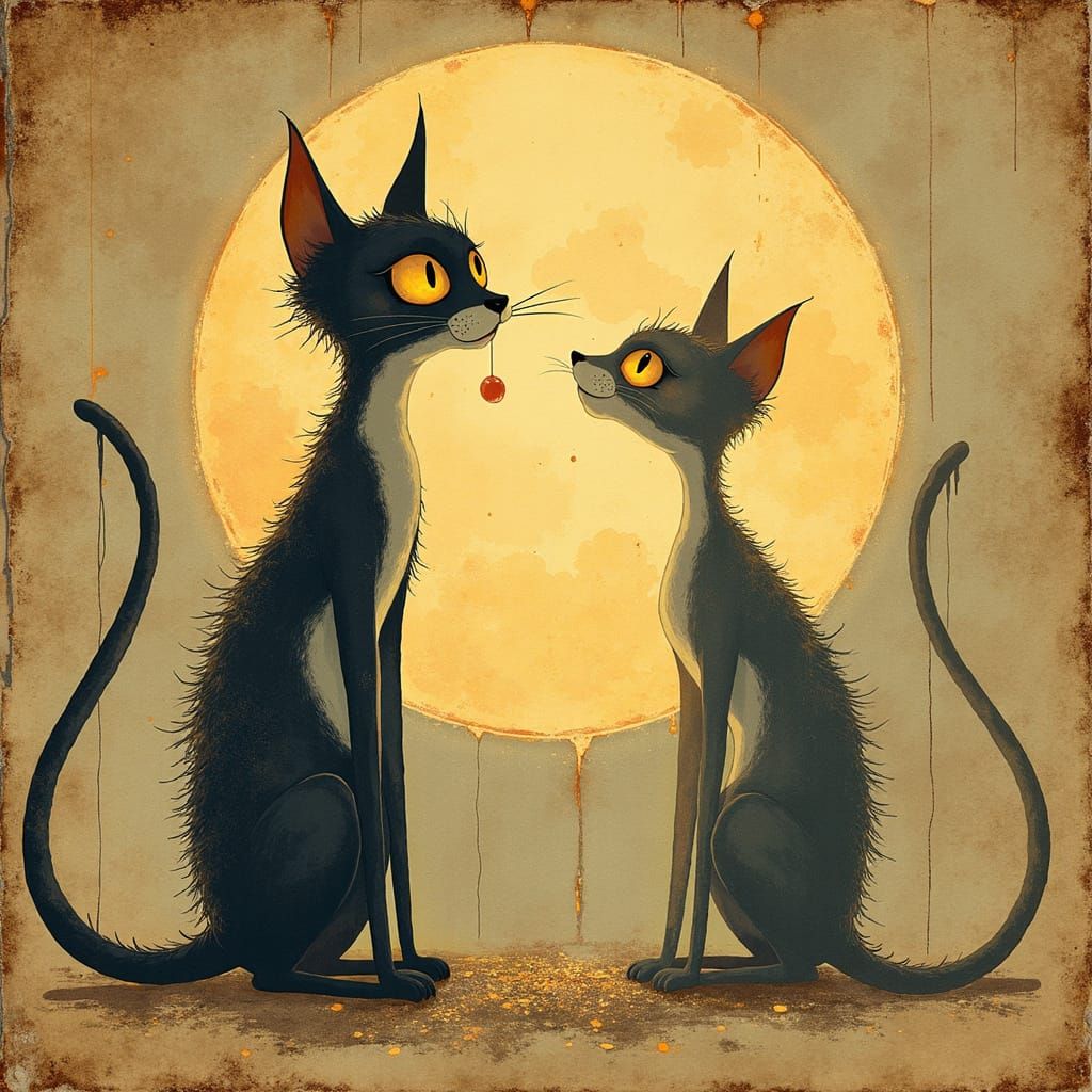 Modigliani Cats in Whimsical Golden Age Illustration