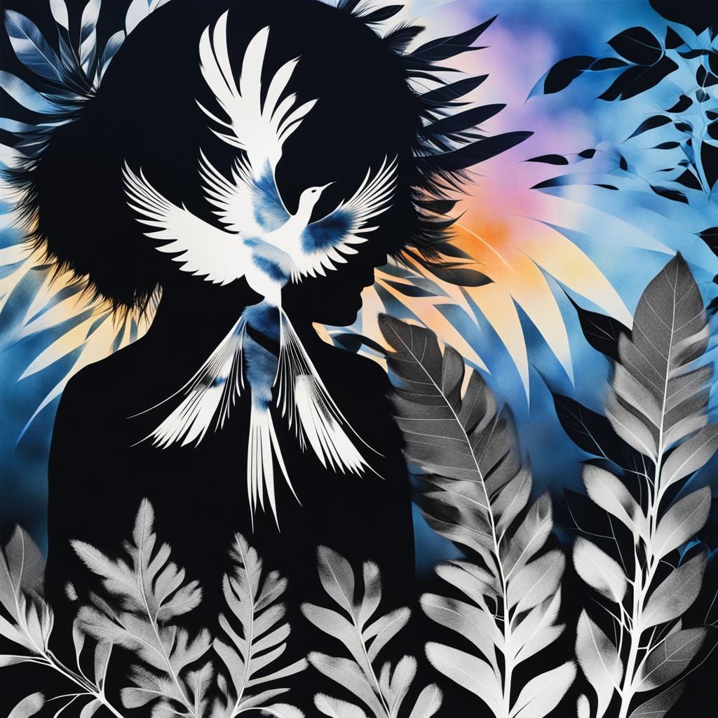 Monochrome Photogram of Girl with Bird and Feathers