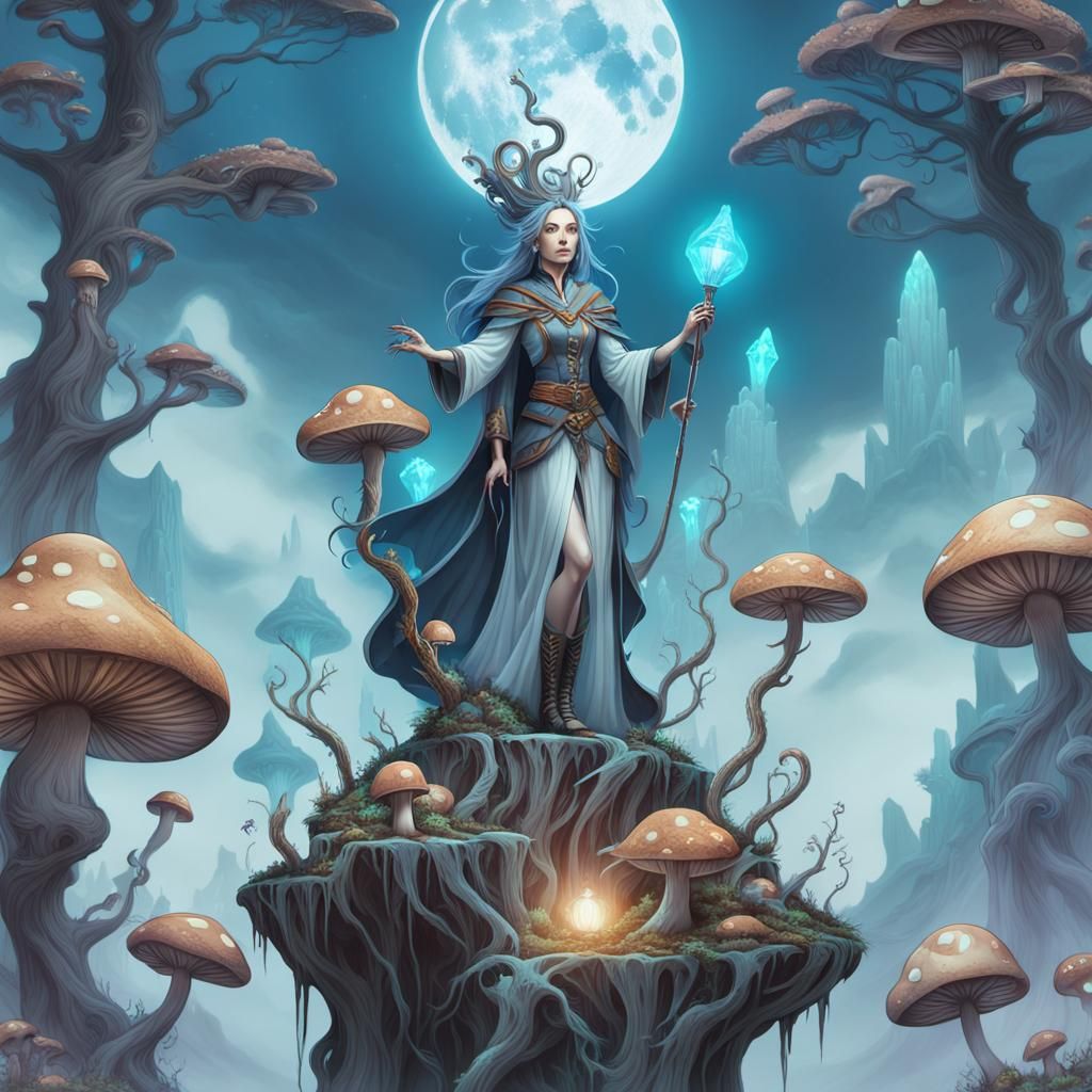 Mystical Sorceress in Bioluminescent Forest, Digital Art