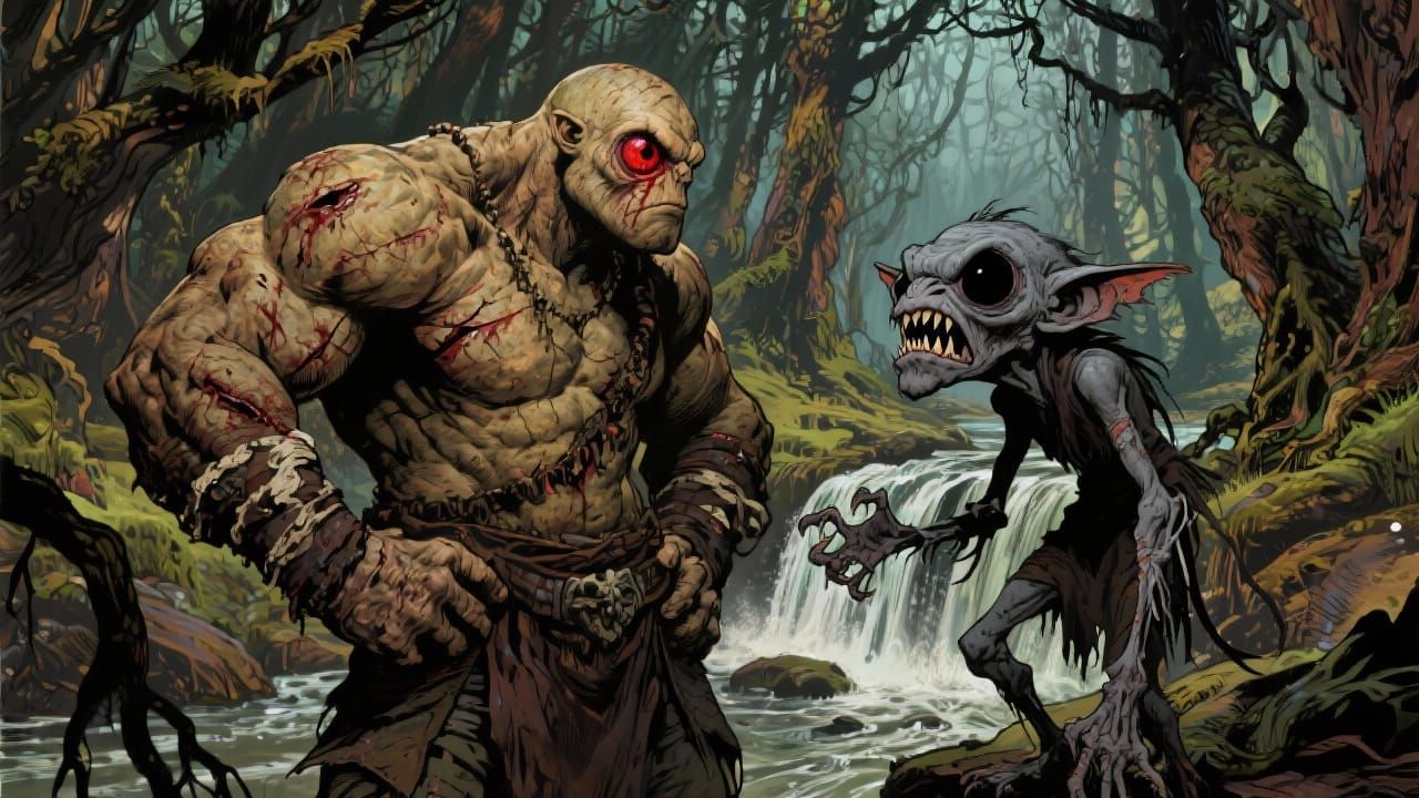 Muscular Cyclops and Goblin Converse in Vibrant Fantasy Fore...