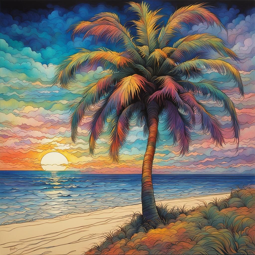 Palm Tree Beach Scene in Art Nouveau Style