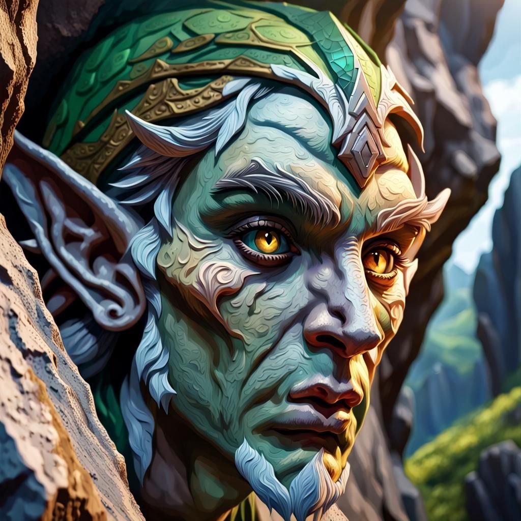 Stone Elf Face Cliffside: Hyperrealistic Splash Art
