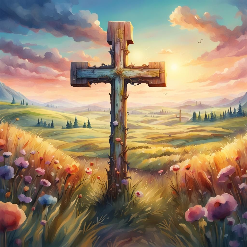Wooden Cross in Field: Whimsical Watercolor Painting