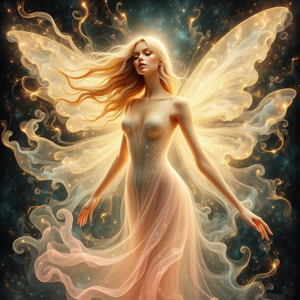 Ethereal Fairy with Golden Cosmic Patterns in Luminous Water...