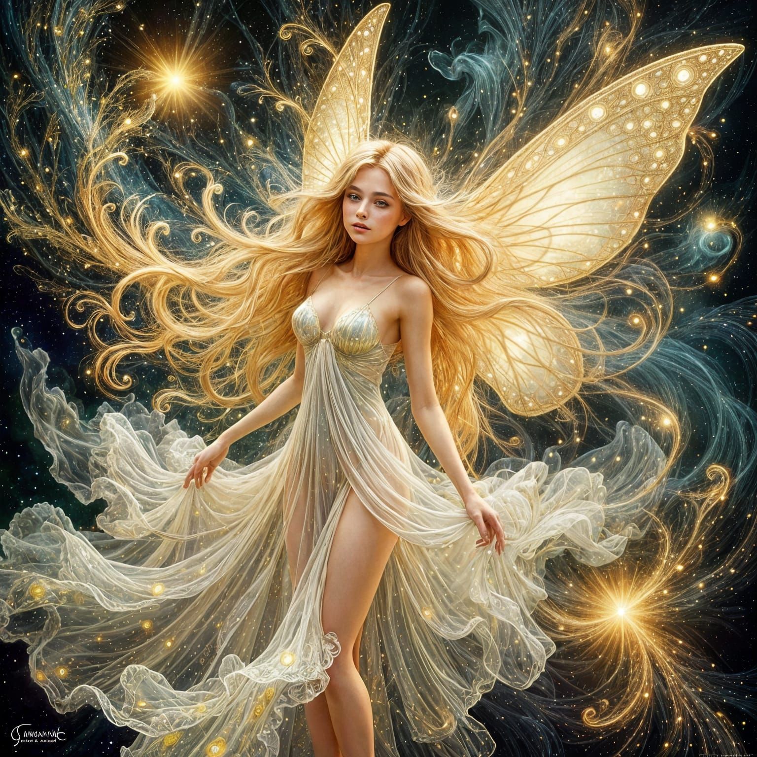 Ethereal Fairy in Golden Cosmic Patterns