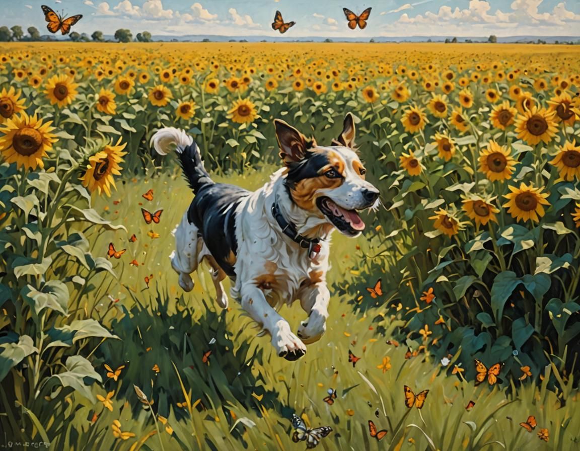 Dog's Joyful Pursuit: Oil Painting of Summer Meadow