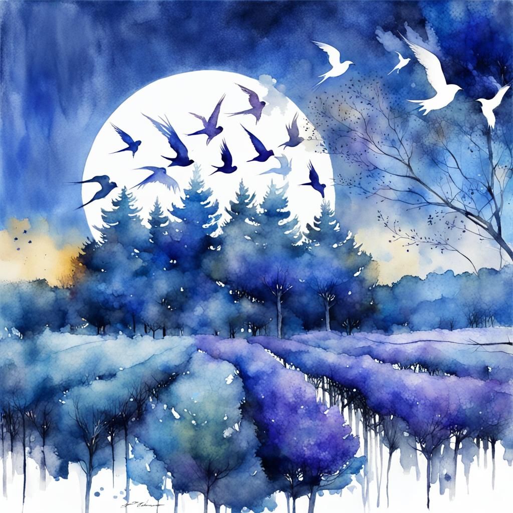 Blue Forest Moonscape in Watercolor Art Brut Style