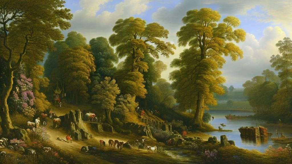 Constable-esque English Village Landscape with Spring Flower...