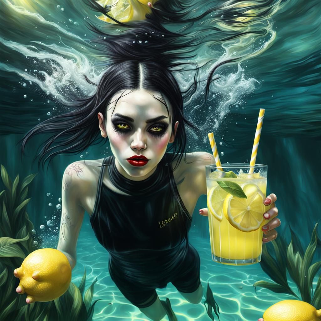 Goth girl swimming in lemonade, photorealistic