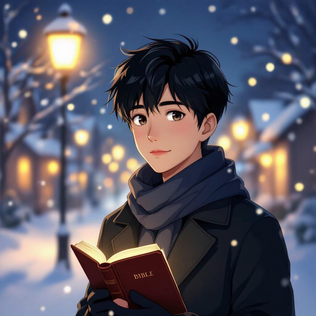 Serene Young Man with Bible in Snowy Village