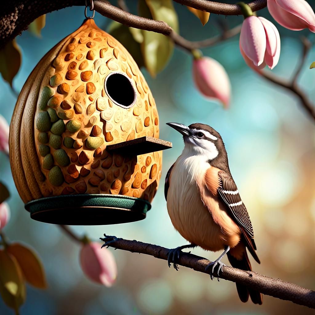 Bird on Gourd Birdhouse in Hyperrealistic Digital Art