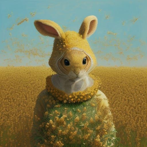 Rabbit Amidst a Swarm of Bees in a Dreamlike Oil Painting