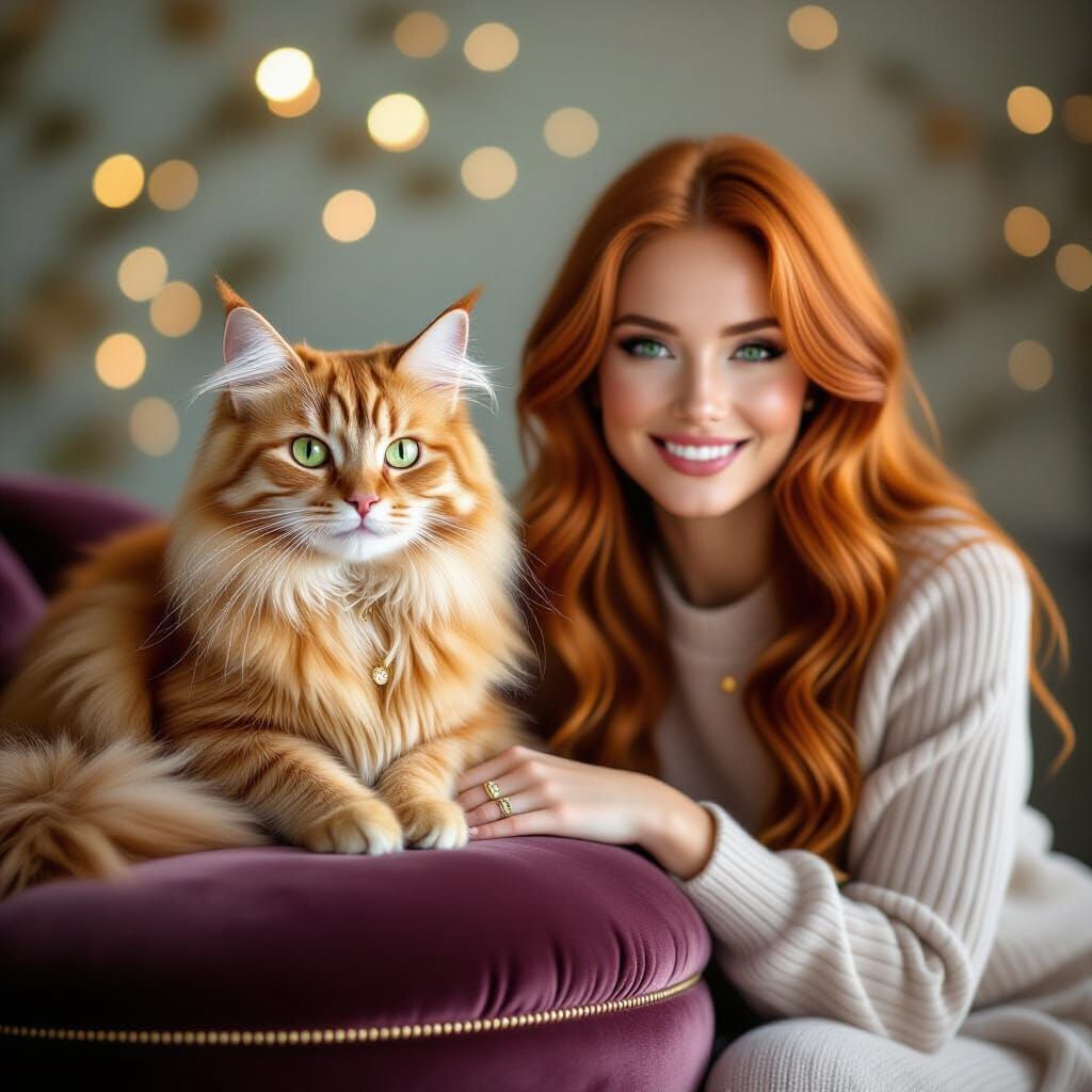 Ginger Cat and Woman with Matching Eyes in Studio Light