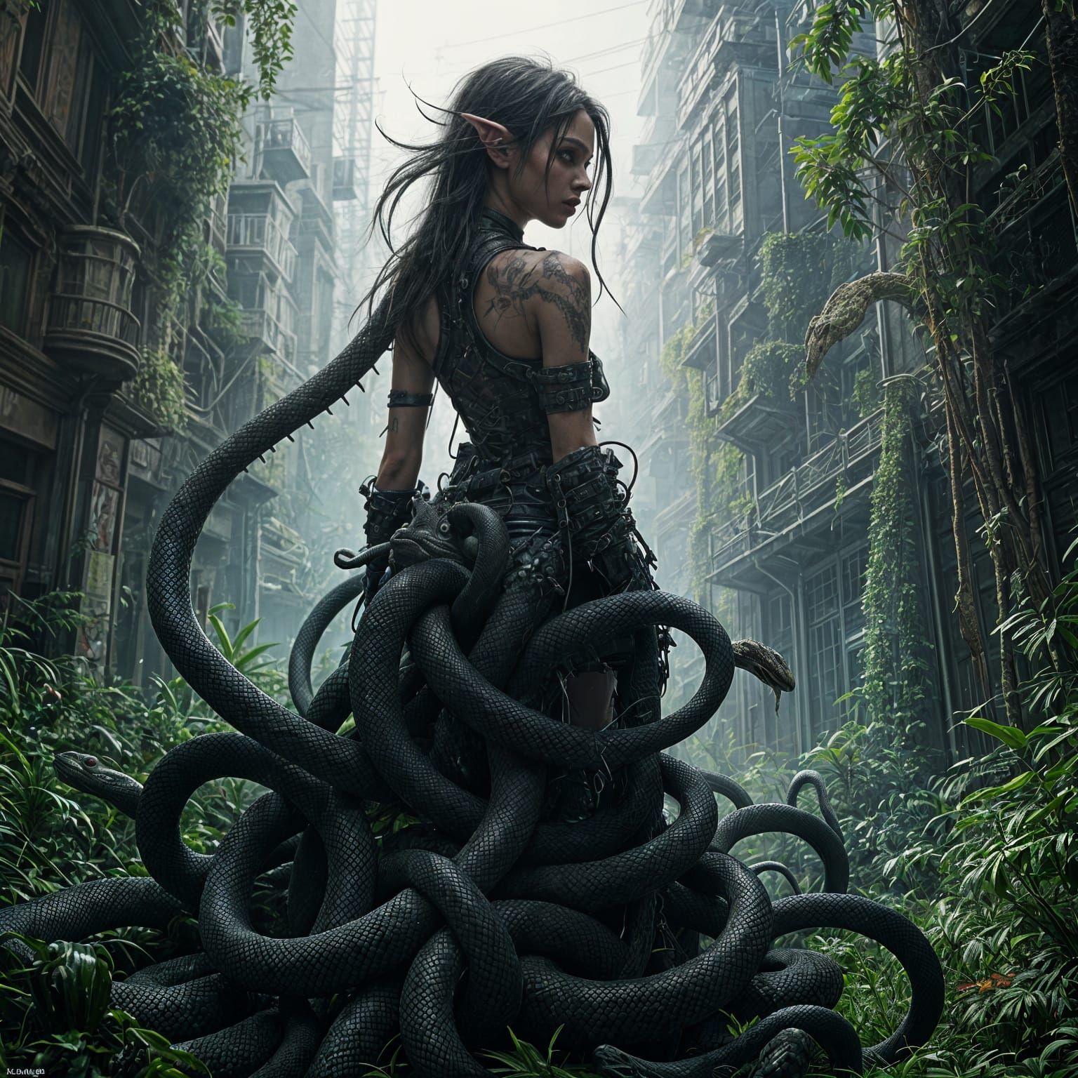Bio-Punk Elfin Figure Surrounded by Serpents