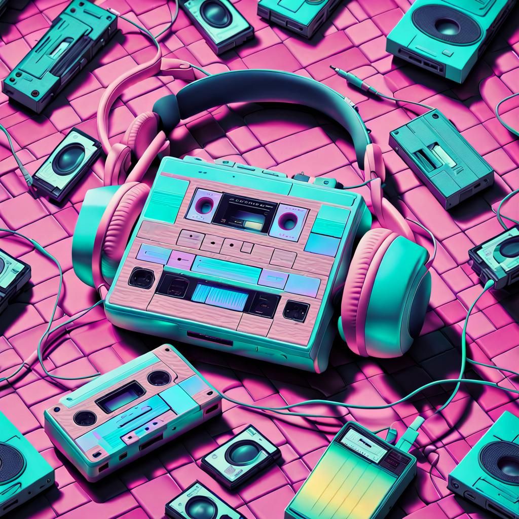 Neon Mosaic of 80s Electronics in Vaporwave Style