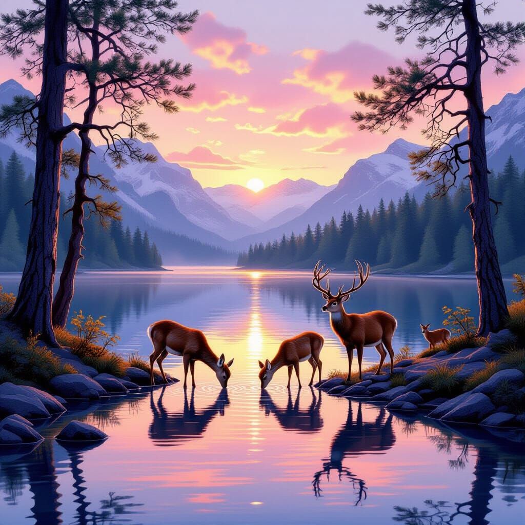 Serene Mountain Lake at Dawn with Deer