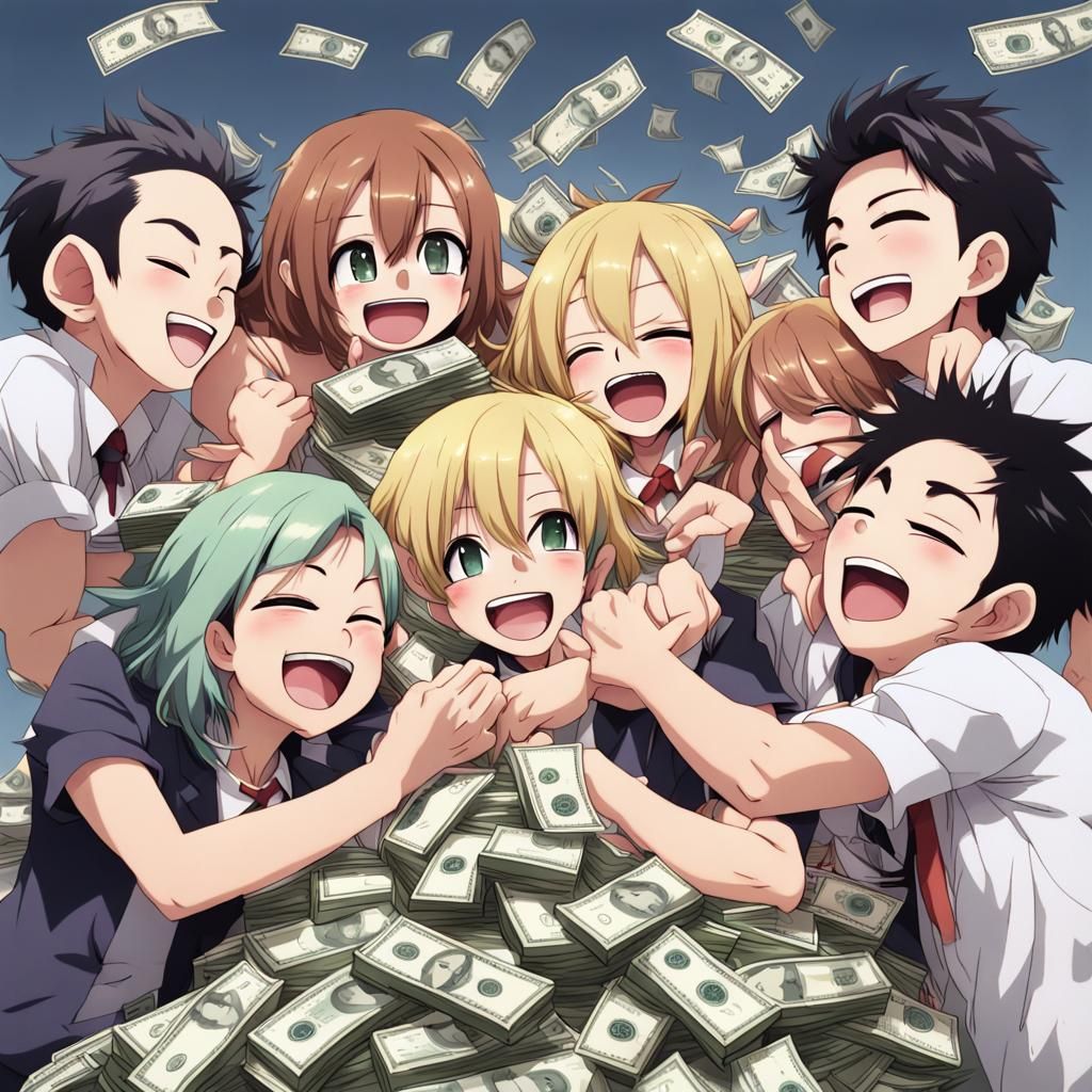 Friends Laughing on Cash Pile in Anime Style