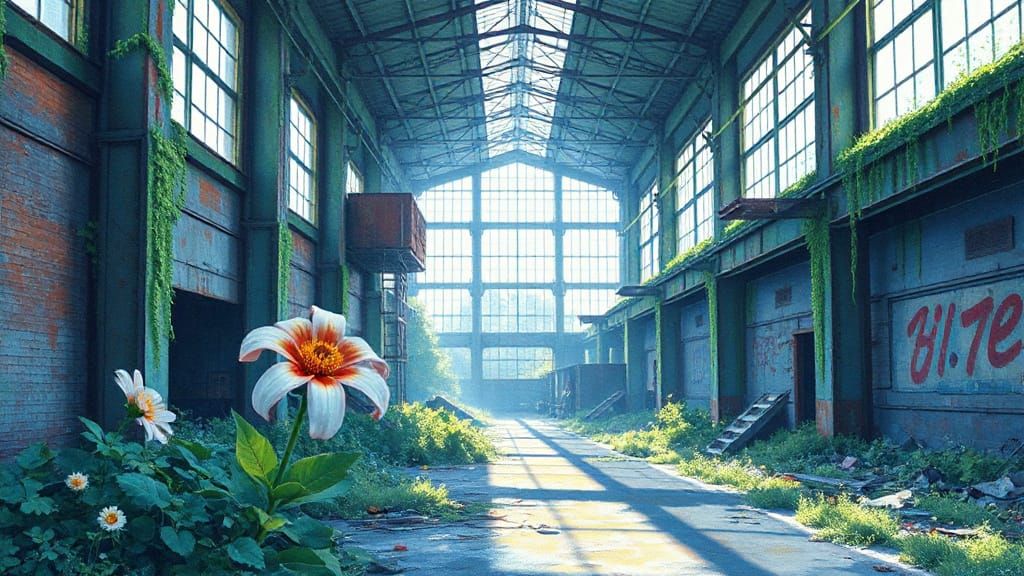 Vibrant Flowers Bloom in Abandoned Industrial Scene in Comic...