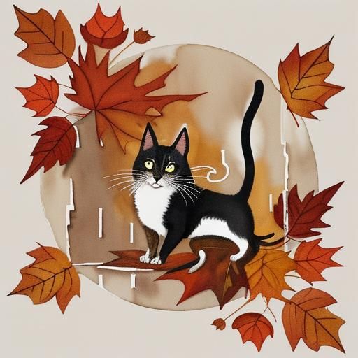 Autumnal Cat and Mouse Paper Collage in Abstract Style