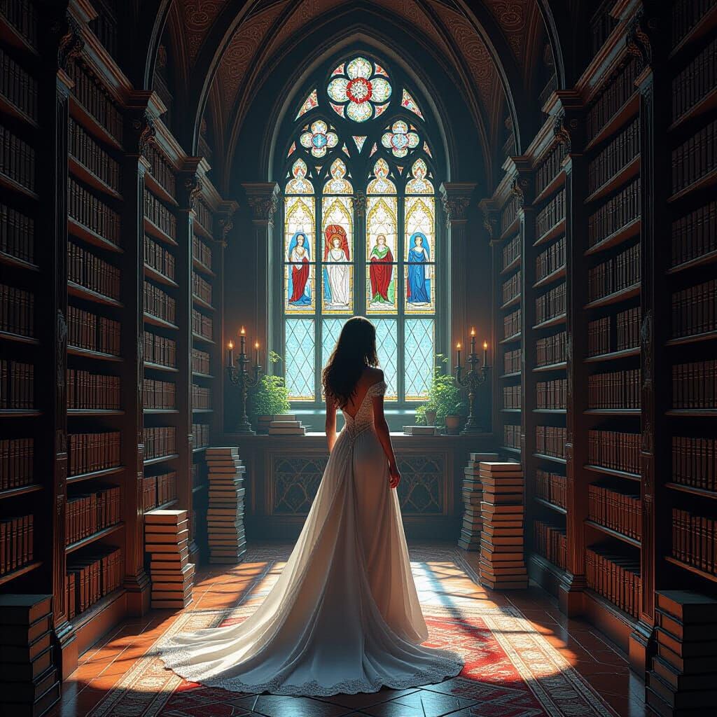Elegant Woman in a Gothic Library