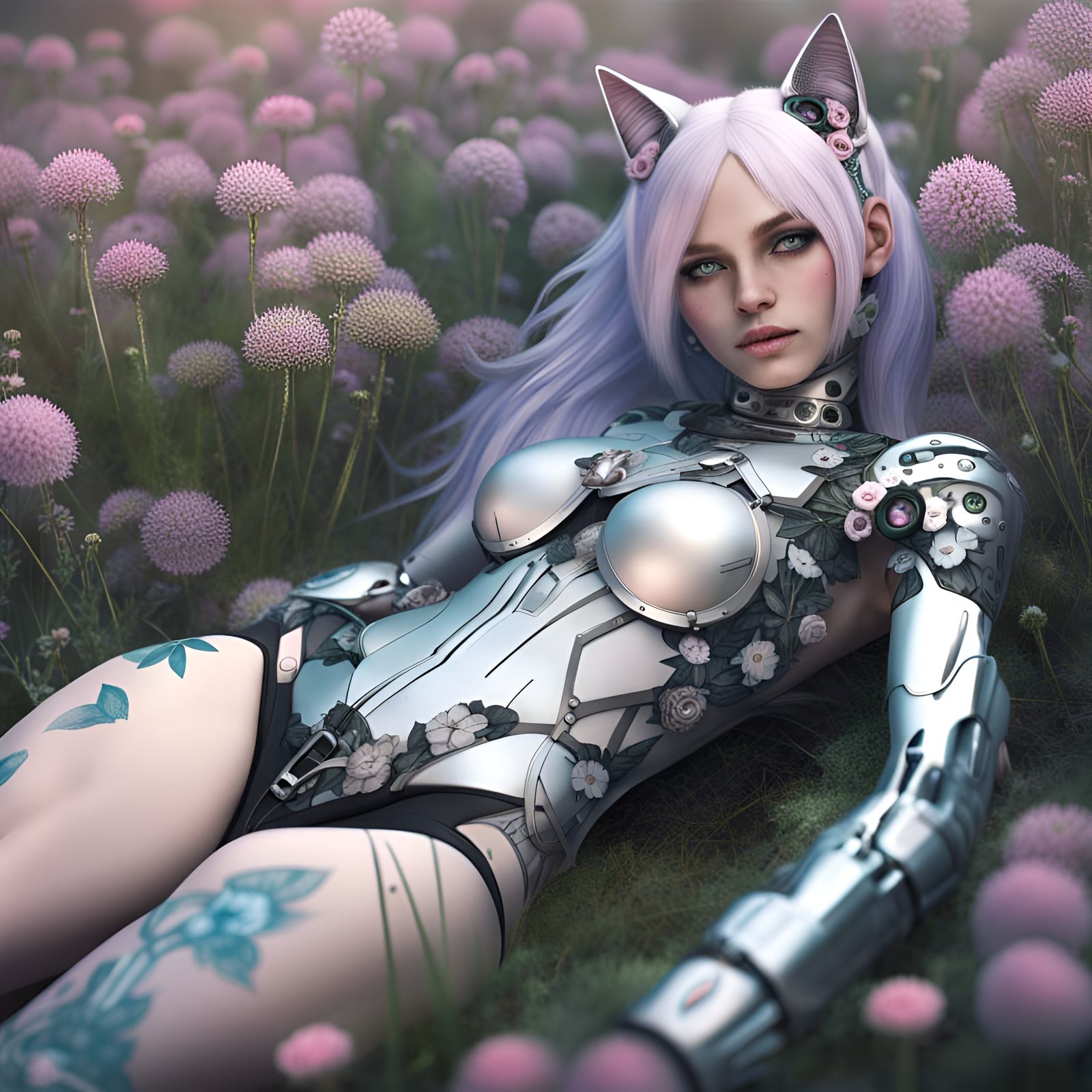 Hyperrealistic Cybergoth Catgirl in Pastel Flower Field