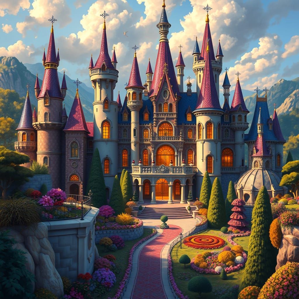 Whimsical Castle in Vibrant, Dreamlike Architectural Style