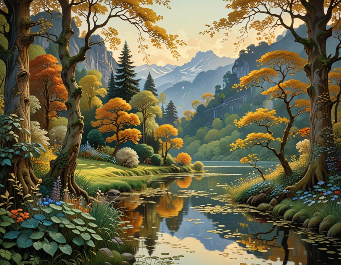 Classic Art Nouveau Landscape with Golden Hour Glow