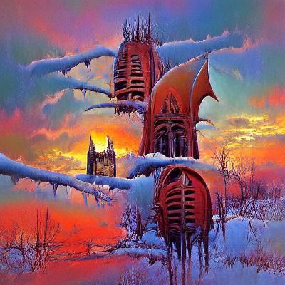 Gothic Sunset: Snow-Covered Architecture in Digital Art