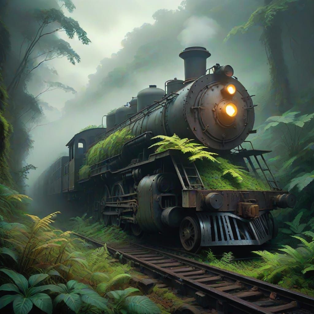 Overgrown Locomotive in Misty Jungle
