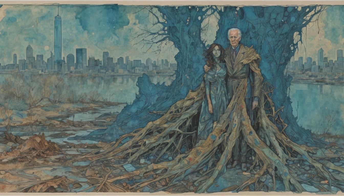 Biden and Harris Fade in Blue Swamp, Art Nouveau Style