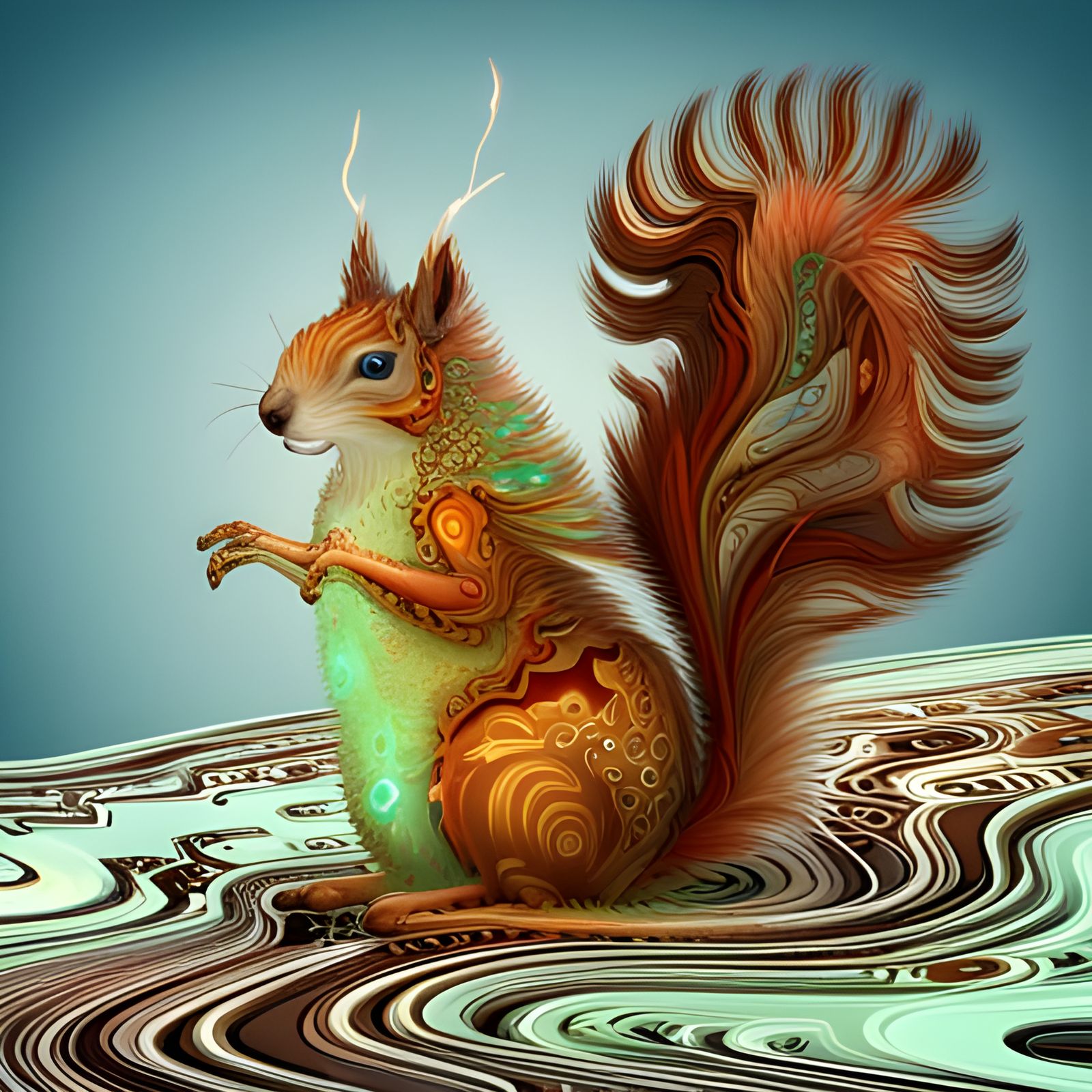 Circuit Board Squirrel with Abstract Fractal Design