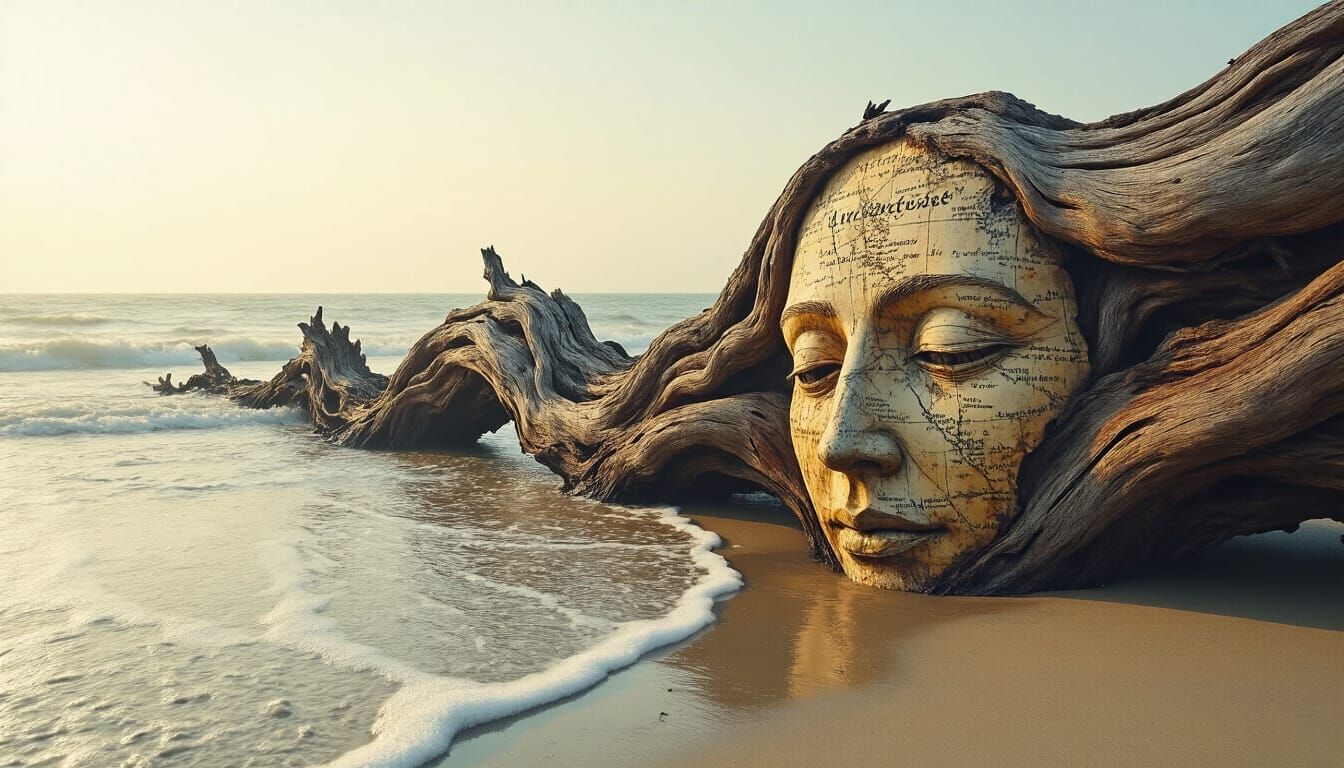 Driftwood Curling Eroded Olde-World Map, Charred and Rusty