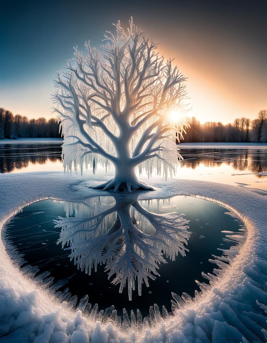 Intricate Ice Tree at Frozen Lake Sunrise