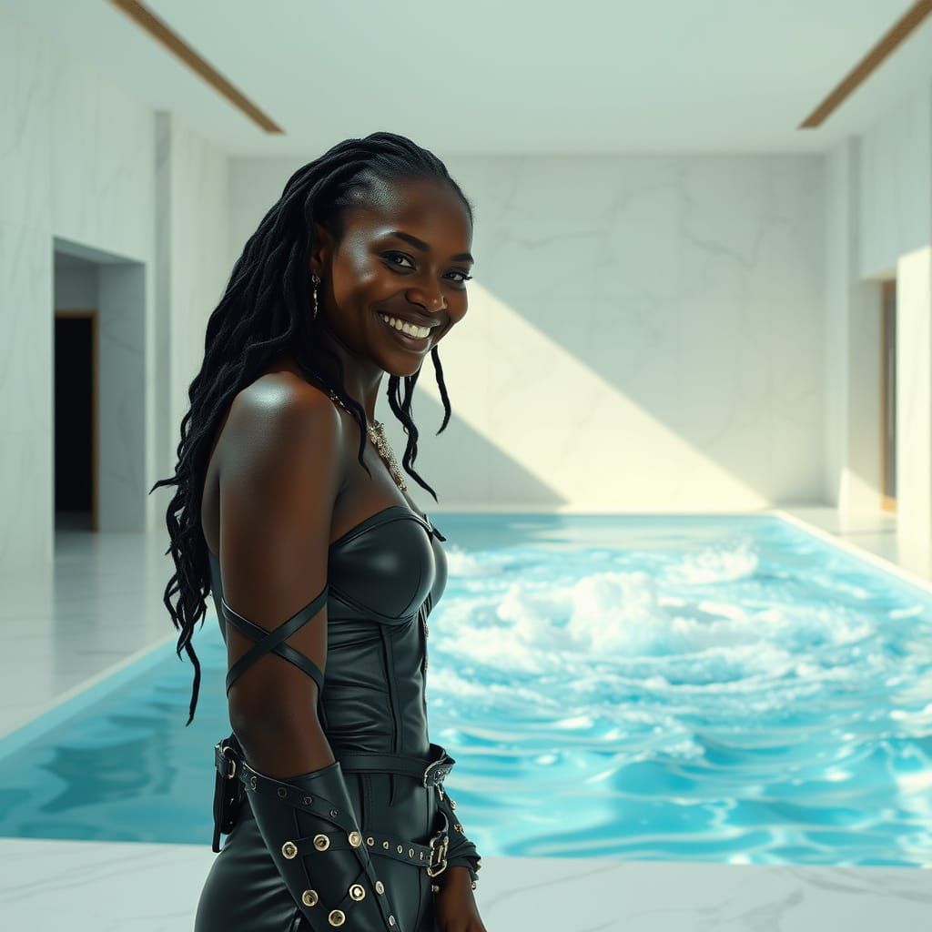 Elegant Woman in Marble Room with Pool, Digital Art