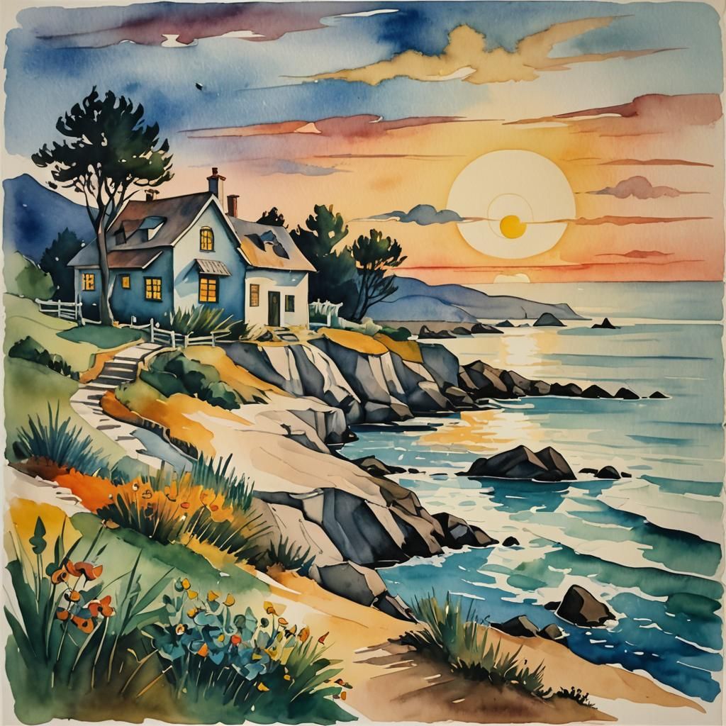 Sunset Cottage in Surreal Watercolor Style