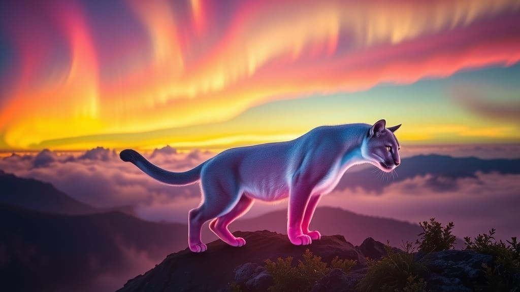 Ethereal Puma in Andean Aurora Landscape