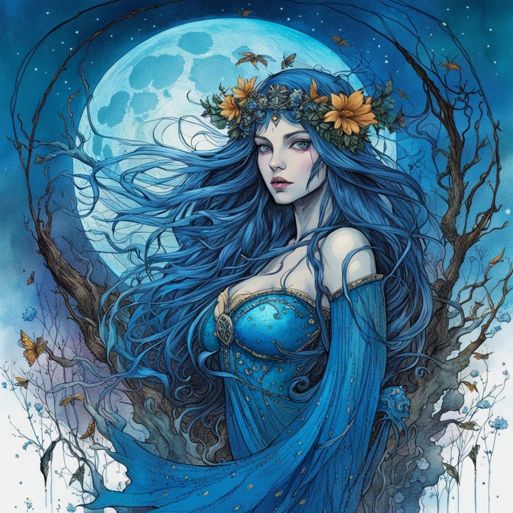 Enchanting Fairy Witch with Blue Moon, Detailed Art