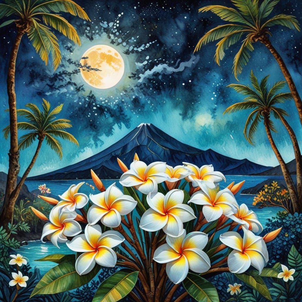 Moonlit Tropical Paradise with Plumeria Blooms