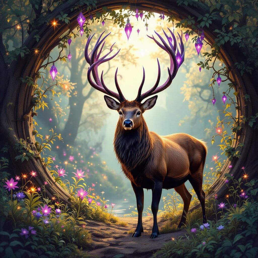Amethyst Stag Guarding a Magical Portal